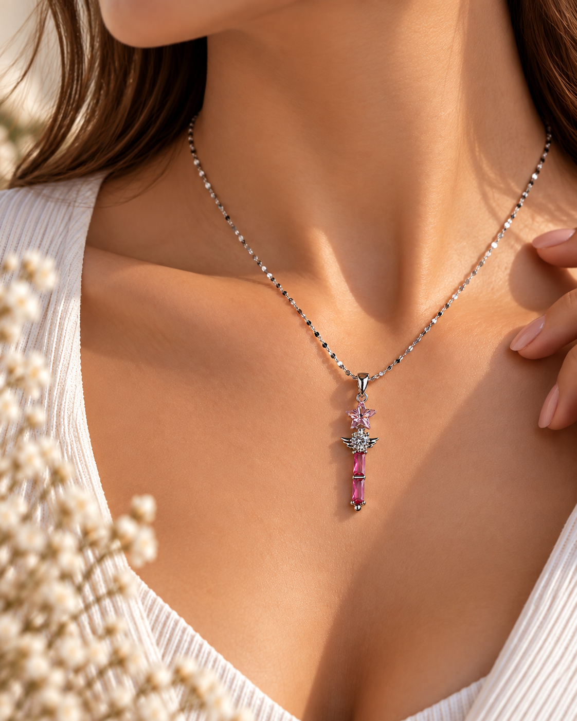 Pembe Yıldız ve Baget Taşlı Sihirli Değnek Tasarımlı Çelik Kolye önizleme 2