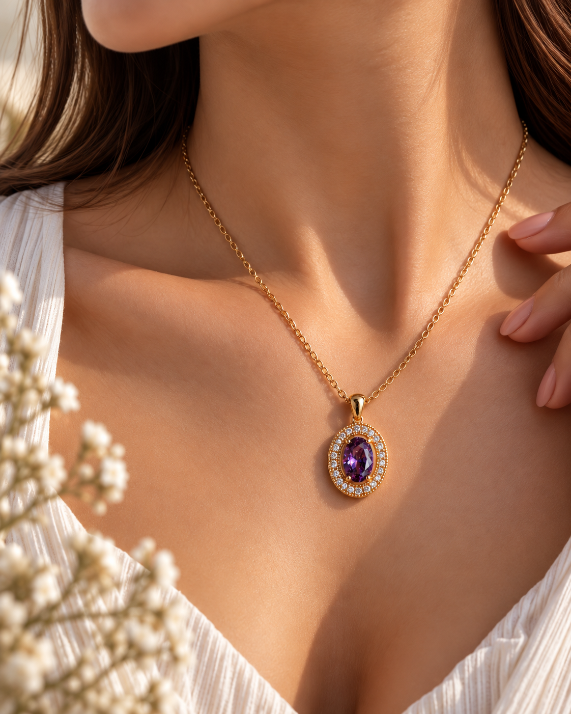 Zirkon Taş Çevreli Oval Pembe/Mor Kristal Çelik Kolye önizleme 2