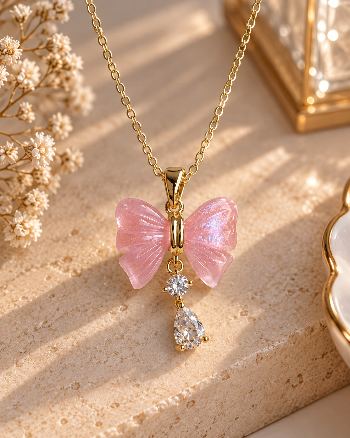 Pembe Kurdeleli Zirkon Taş Sallantılı Çelik Kolye önizleme 2
