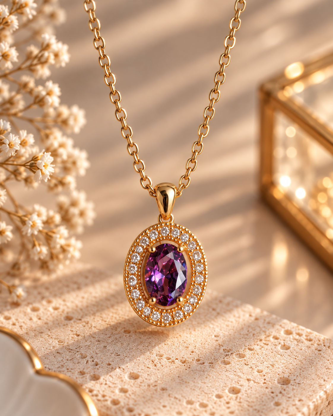Zirkon Taş Çevreli Oval Pembe/Mor Kristal Çelik Kolye